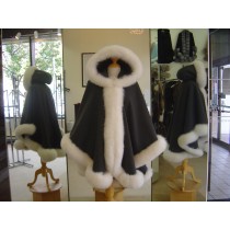 Charcoal Grey Cashmere Cape/Hood With White Fox Fur Trim